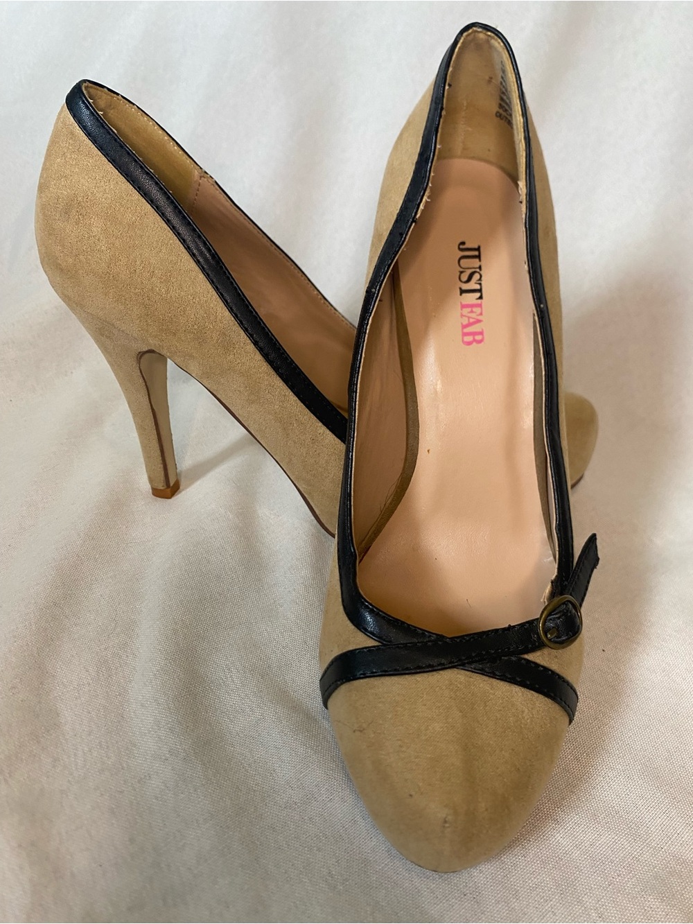 JustFab Taupe Suede Pumps with Black Trim and Buckle Accent